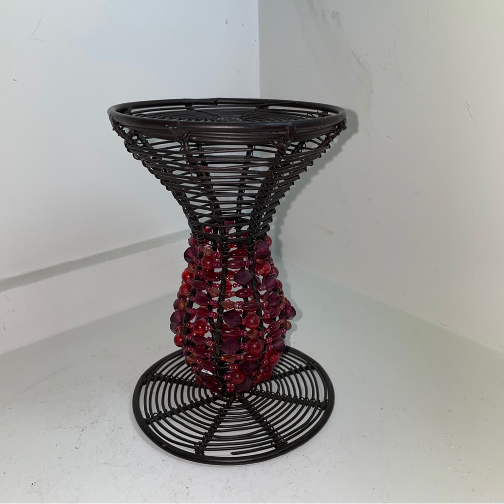 Vintage Black Metal 6".5 T 4.5" D Round Pillar Candle Holder With Red Beads